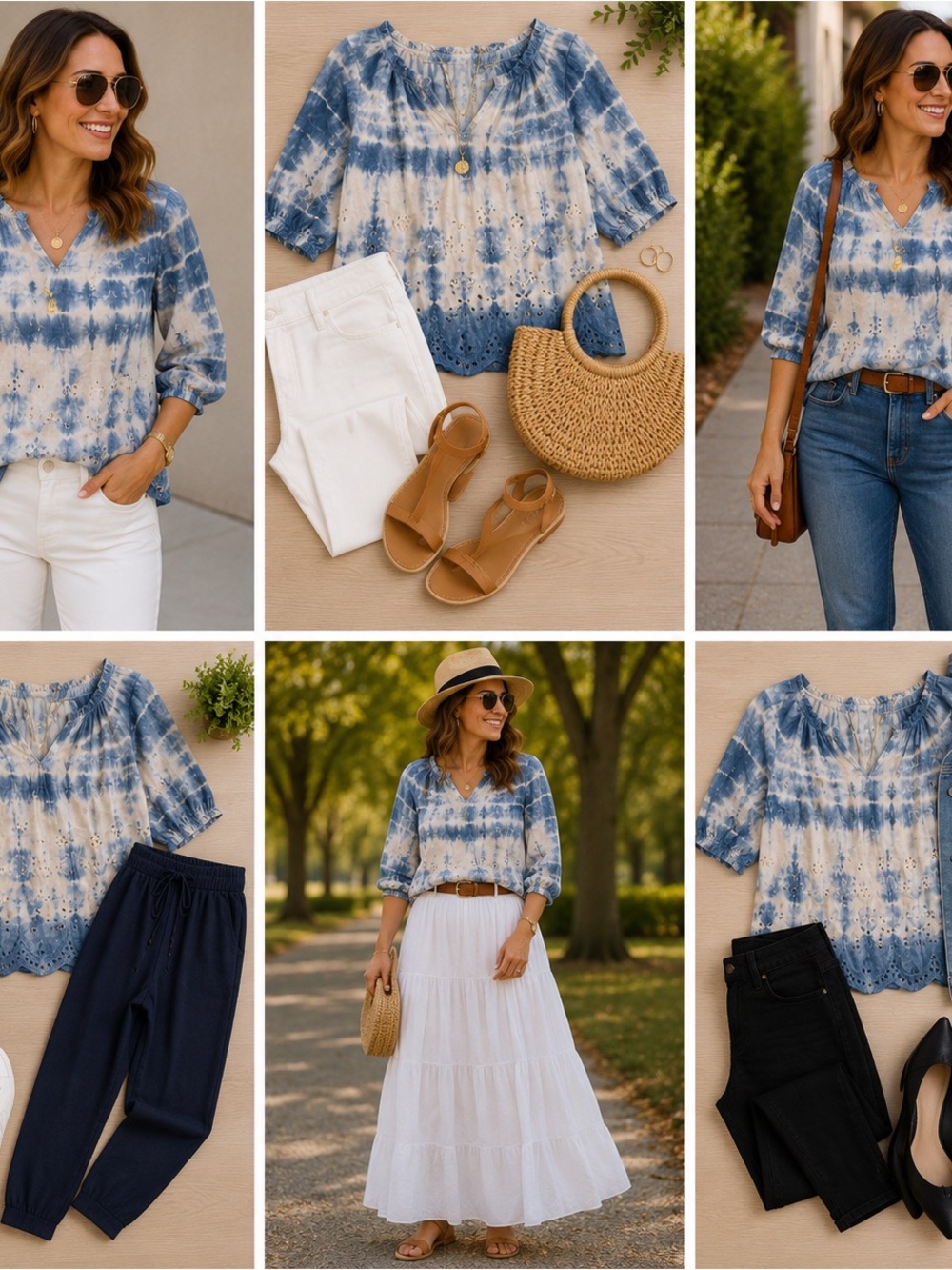 Lands' End Blue and White Tie-Dye Eyelet Peasant Blouse - Picture 8 of 8
